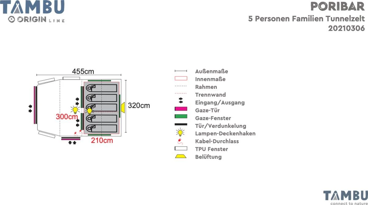 Tambu Poribar Familien Tunnelzelt, 5 Personen, 455x320x190cm, Grau/blau â Bild 6