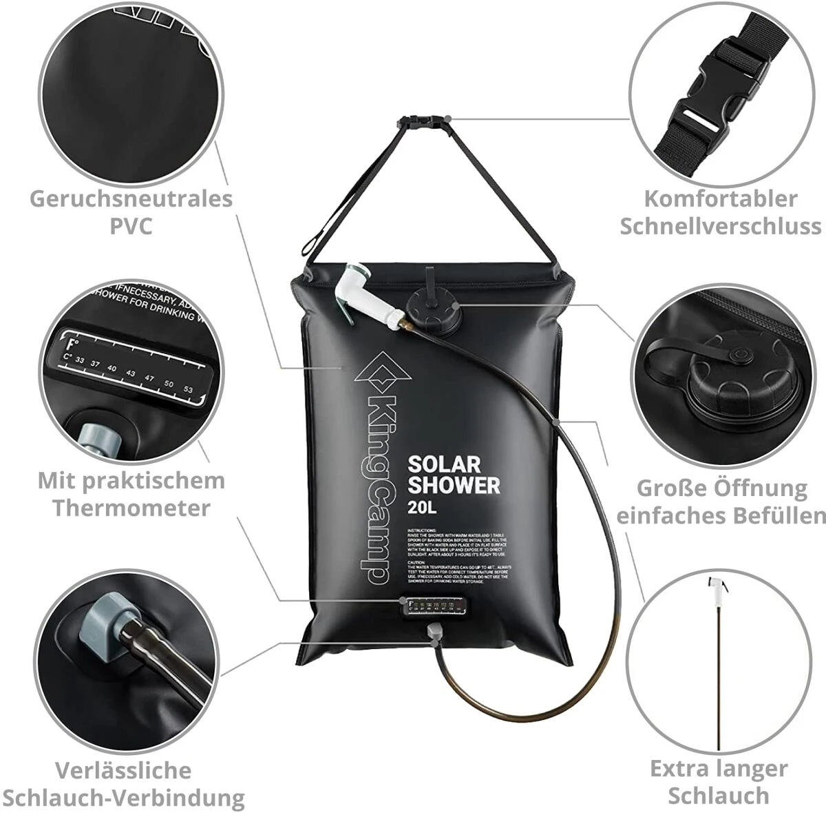 KingCamp Solar Shower Deluxe Campingdusche, Schwarz – Bild 4